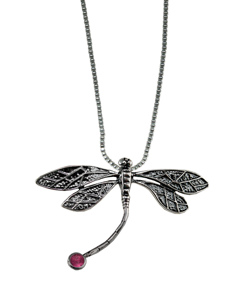 Sterling Silver Graceful Dragonfly Pendant With Pink Tourmaline